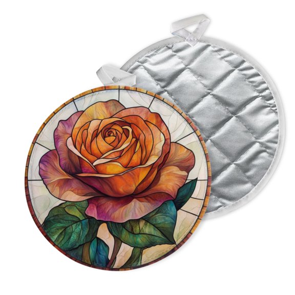 2 PCS Pot Holders for Kitchen,Potholders Sets with Hook for Oven,Cooking,Baking,Stained Glass-Style Of Rose Flower