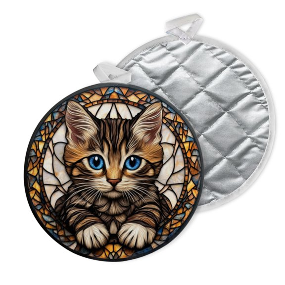 2 PCS Pot Holders for Kitchen,Potholders Sets with Hook for Oven,Cooking,Baking,Stained Glass With Cute Cat