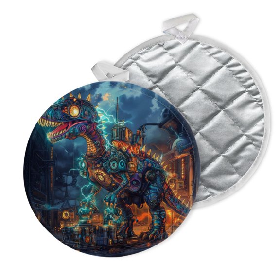 2 PCS Pot Holders for Kitchen,Potholders Sets with Hook for Oven,Cooking,Baking,Steampunk - Style Mechanical Dinosaur In Cityscape