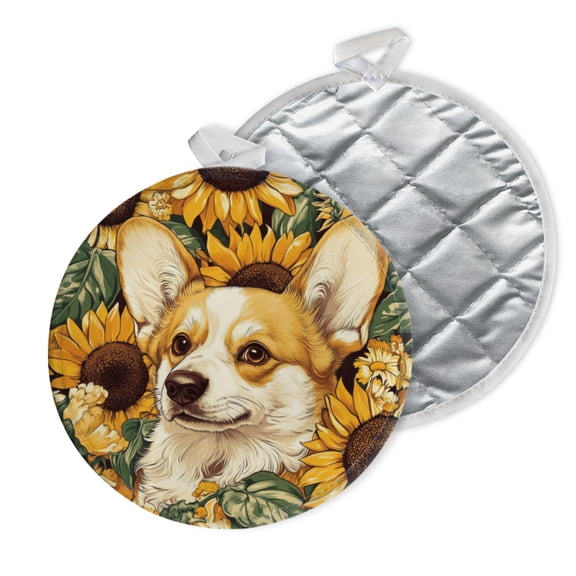 2 PCS Pot Holders for Kitchen,Potholders Sets with Hook for Oven,Cooking,Baking,Sunflower - Surrounded Corgi