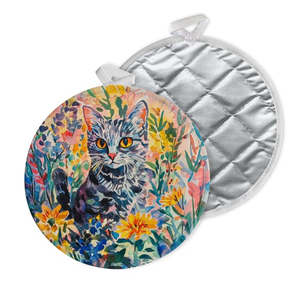 2 PCS Pot Holders for Kitchen,Potholders Sets with Hook for Oven,Cooking,Baking,Tabby Cat In Burst Of Watercolor Flowers