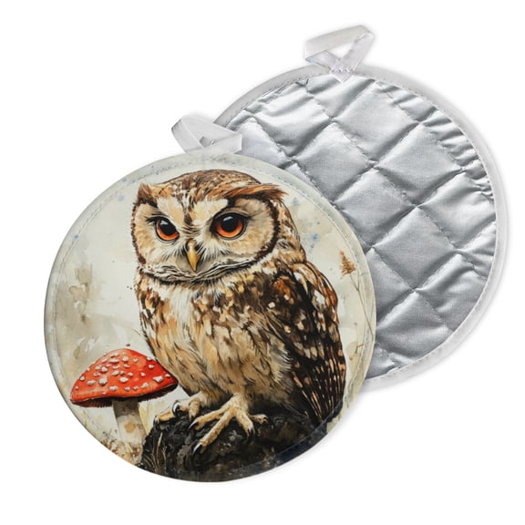 2 PCS Pot Holders for Kitchen,Potholders Sets with Hook for Oven,Cooking,Baking,Watercolor Owl Beside Vibrant Red Mushroom