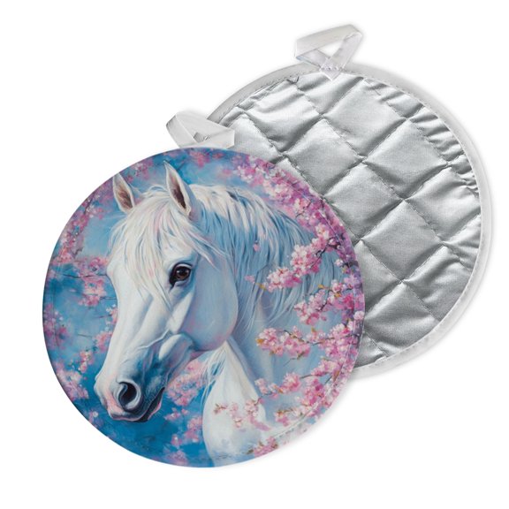 2 PCS Pot Holders for Kitchen,Potholders Sets with Hook for Oven,Cooking,Baking,White Horse Amidst Pink Cherry Blossoms