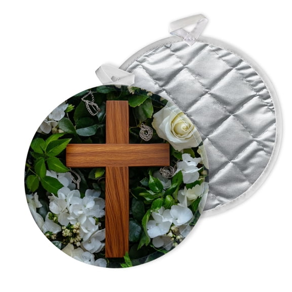 2 PCS Pot Holders for Kitchen,Potholders Sets with Hook for Oven,Cooking,Baking,Wooden Cross Surrounded By White Roses