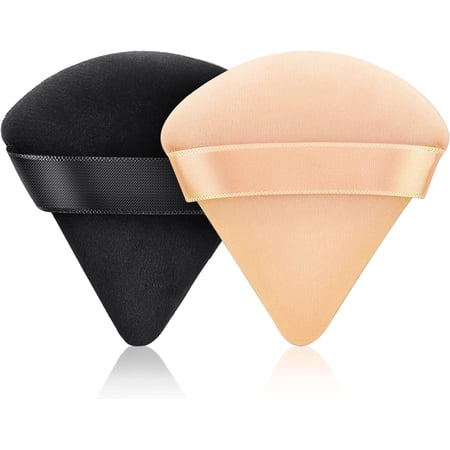2 PCS Powder Puff Triangle Makeup Puffs for Loose Setting Powder Face Body, Foundation Blender Velour Setting Powder Puff, Super Soft Eye Makeup Wedges Beauty Tools (Black Nude)