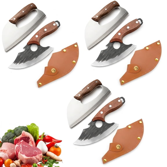 2 PCS Premium Hand-Forged Chef's Knife & Cleaver Set, 2026 New Forged Kitchen Meat Cleaver Knife Set, Heavy Duty Chef Knife with Ergonomic Non-Slip Wood Handle for Meat Vegetables Fruits