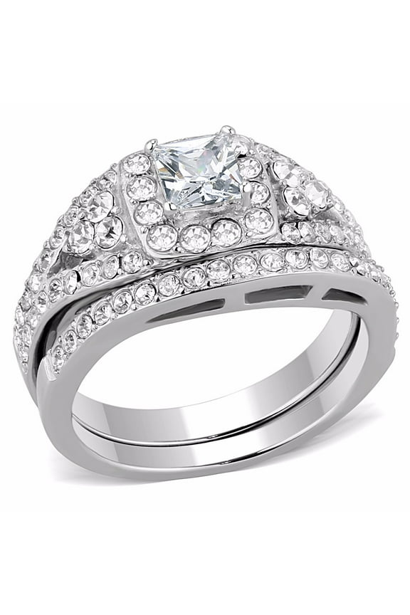 Womens Bling Bling 0.6 Carat Princess CZ Center Stainless Steel Wedding Ring Set - Size 5