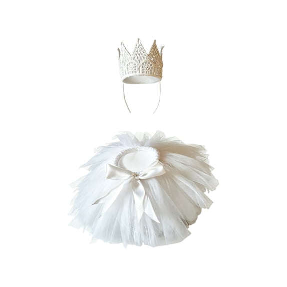 2 PCS Princess Porch Goose Decor Clothes for 23" 17" Cement Lawn Goose Costume Crown Necklace Tutu Skirt Feather Trim, White