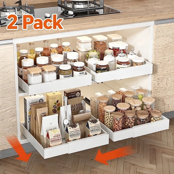 2 Pack Expandable (13.5''-21'') Pull Out Cabinet Organizer, 21" Deep Pull Out Drawers for Kitchen, Bathroom,Pantry, Under Sink Storage, Heavy Duty Slide Out Drawers Upgraded 3 Slide Rails (White)