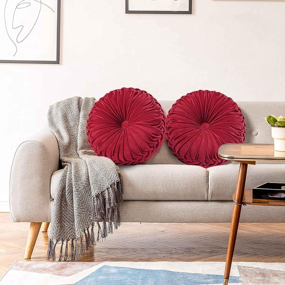 2 PCS Pumpkin Pleated Round Throw Pillows for Chair Sofa Home Decor (Red)