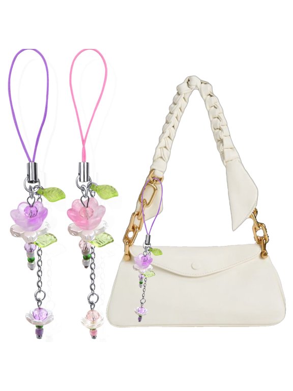2 PCS Purple and PinkLotus Phone Charms Cute Beaded Flowers Phone Lanyard Wrist Strap Aesthetic CellPhone Keychain Cute PhoneCharms for Women