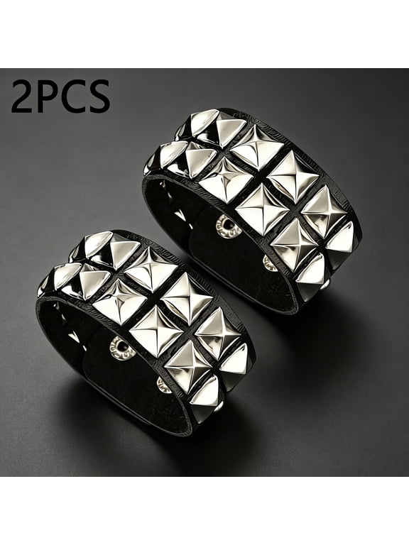 2 PCS Pyramid Stud Leather Cuff Bracelets, Black Wide Punk Goth Wristbands with Adjustable Snap Buttons, Rock Biker Style Bracelet for Halloween Cosplay Party Concert Wear
