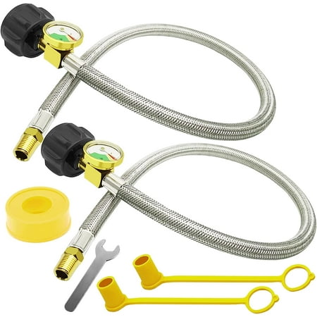 2 PCS RV Propane Hoses with Gauge, 24 Inch Stainless Steel Braided Camper Tank Hose, Rv lp Gas Hoses Connector for Standard Two-Stage Regulator, 40Lb 250PSI, 1/4" NPT /QCC1 Fittings
