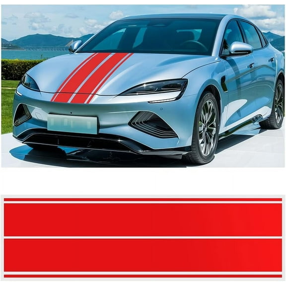 2 PCS Racing Stripes Car Body Modified Stripes Stickers Racing Sports Decals Car Hood Cover Sticker Decoration Accessories Sticker for Car Truck (Red)