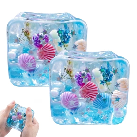 2 PCS Rare Clear Glitter Dumpling Squishies - Cube - Sparkling Stress Relief Collectible & Desktop Accessory for Adults(Blue)