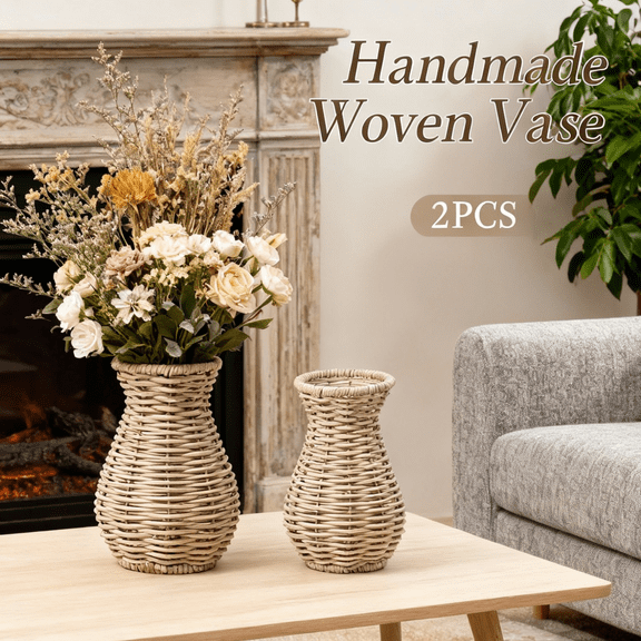 2 PCS Rattan Vase,Wicker Handwoven Vase for Living Room,Dry Flower Arrangement,Decorative Basket Vase for Home Display,Artwork and Photography Prop