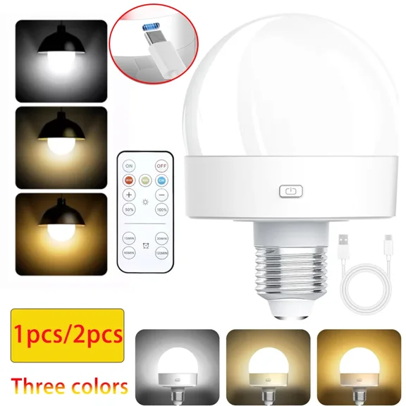 2 PCS Rechargeable Battery Operated Light Bulbs w/Remote Wireless E26 LED Bulb 1800mAh
