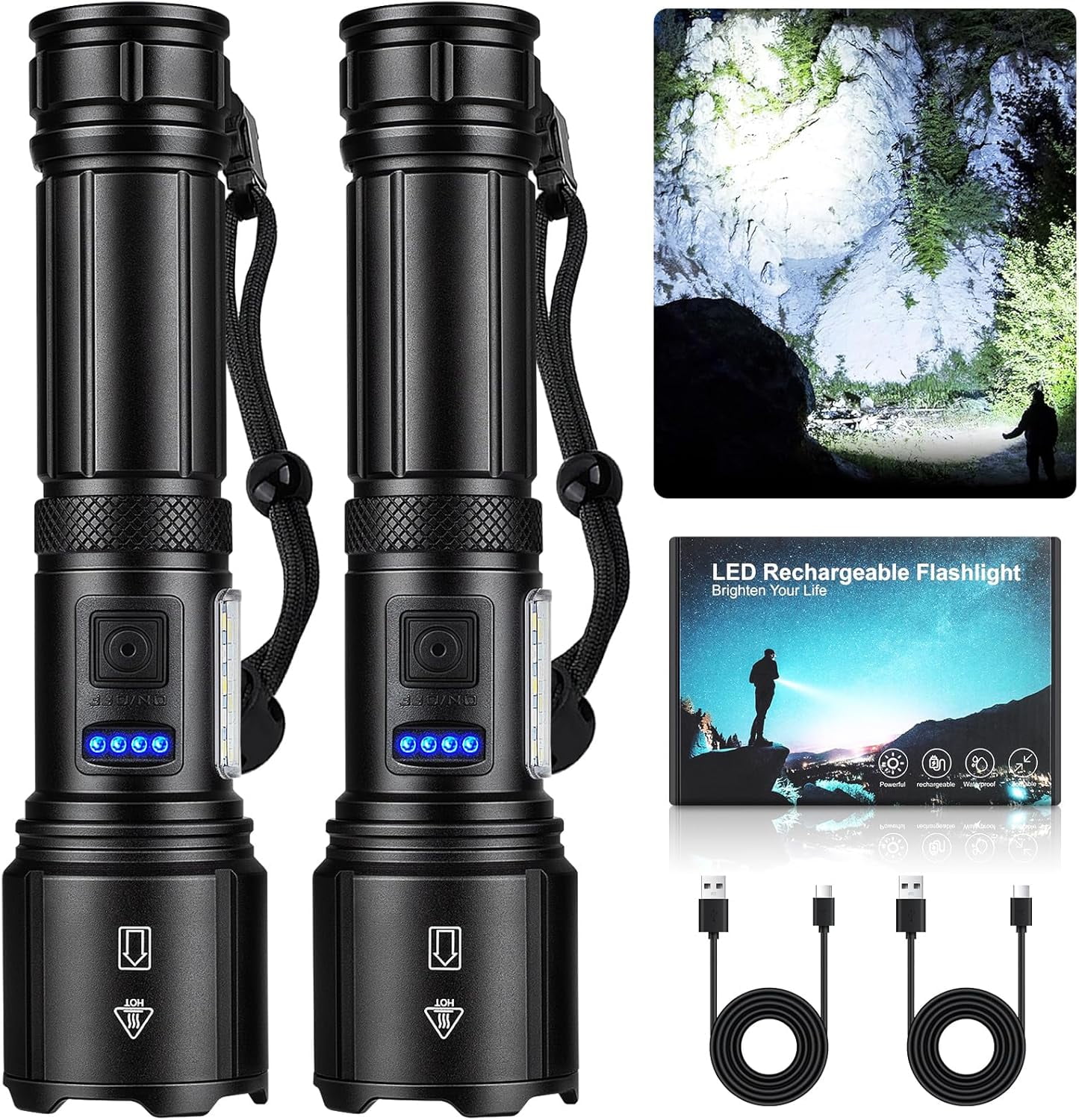 2-PCS Rechargeable LED Flashlights High Lumens, 990,000 Lumens Super Bright Flashlight 7 Modes w/COB Work Light, Powerful Flash Light for Outdoor Emergency Hiking Camping