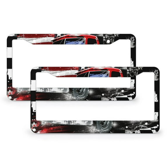 2 PCS Red Truck with An American Flag And Stars License Plate Frames Patriotic Memorial Day Auto Car Accessories Tag Aluminum 2 Holes for US Standard Vehicles for Women Men