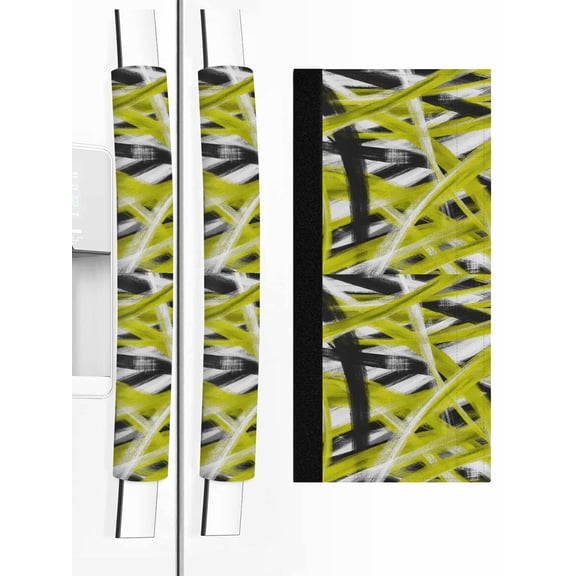 2 PCS Refrigerator Door Handle Covers, Abstract Yellow Waves Adjustable Kitchen Appliance Handle Cover Modern Minimalist Yellow Black White Crossed Lines Non Slip Fridge Oven Stove Handle Protector