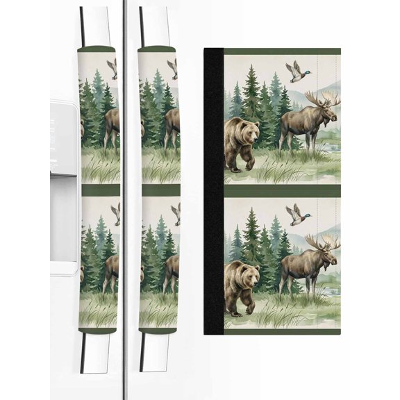 2 PCS Refrigerator Door Handle Covers, Bear Moose Adjustable Kitchen Appliance Handle Cover Brown Wildlife Animal Rustic Green Pine Trees Non Slip Fridge Oven Stove Dishwasher Handle Protector