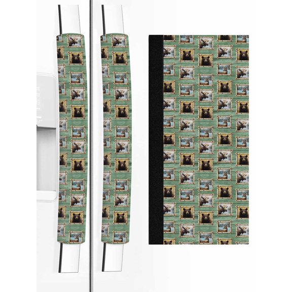 2 PCS Refrigerator Door Handle Covers, Bears in Frames Adjustable Kitchen Appliance Handle Cover Rustic Cabin Bear Elk Green Wood Grain Non Slip Fridge Oven Stove Dishwasher Handle Protector