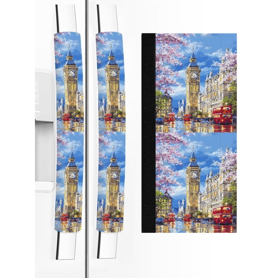 2 PCS Refrigerator Door Handle Covers, Big Ben Adjustable Kitchen Appliance Handle Cover Spring Cherry Blossoms Red Bus Impressionist Non Slip Fridge Oven Stove Dishwasher Handle Protector