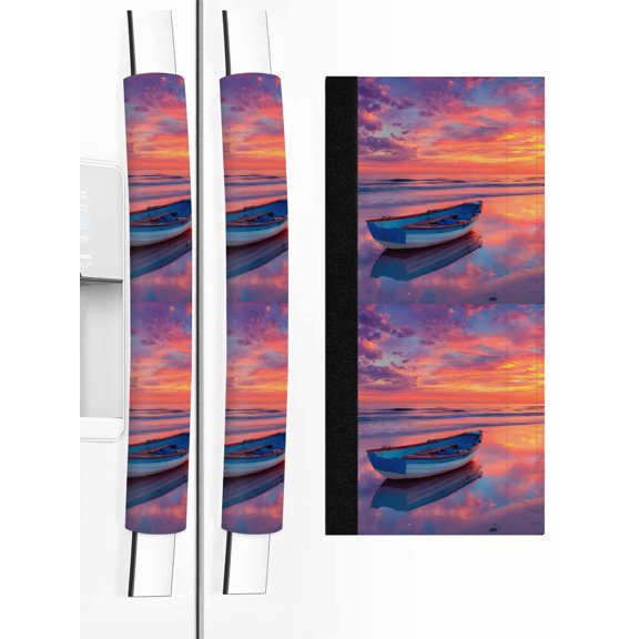 2 PCS Refrigerator Door Handle Covers, Boat Adjustable Kitchen Appliance Handle Cover Country Gradient Purple Yellow Sunset Ocean Boat Non Slip Fridge Oven Stove Dishwasher Handle Protector