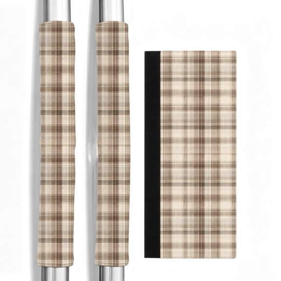 2 PCS Refrigerator Door Handle Covers, Brown Plaid Adjustable Kitchen Appliance Handle Cover Farmhouse Cream Beige Line Striped Rustic Square Non Slip Fridge Oven Stove Dishwasher Handle Protector