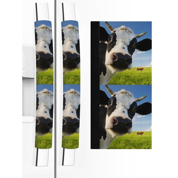 2 PCS Refrigerator Door Handle Covers, Farmhouse Cow Adjustable Kitchen Appliance Handle Cover Blue Sky Green Grass Pastoral Rustic Natural Non Slip Fridge Oven Stove Dishwasher Handle Protector