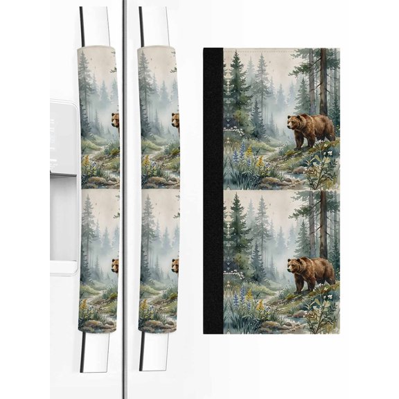 2 PCS Refrigerator Door Handle Covers, Green Forest Bear Adjustable Kitchen Appliance Handle Cover Rustic Mountain Stream Wildflowers Pine Tree Non Slip Fridge Oven Stove Dishwasher Handle Protector