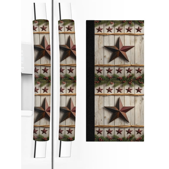 2 PCS Refrigerator Door Handle Covers, Rustic Red Star Adjustable Kitchen Appliance Handle Cover Farmhouse Barn Vintage Wood Striped Country Non Slip Fridge Oven Stove Dishwasher Handle Protector