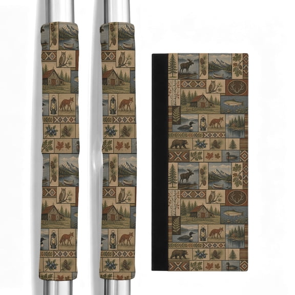 2 PCS Refrigerator Door Handle Covers, Rustic Wildlife Adjustable Kitchen Appliance Handle Cover Lodge Cabin Mountain Tree Lake Patchwork Brown Non Slip Fridge Oven Stove Dishwasher Handle Protector