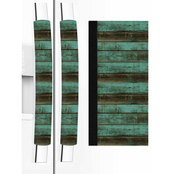 2 PCS Refrigerator Door Handle Covers, Rustic Wooden Adjustable Kitchen Appliance Handle Cover Retro Farmhouse Country Turquoise Plank Non Slip Fridge Oven Stove Dishwasher Handle Protector
