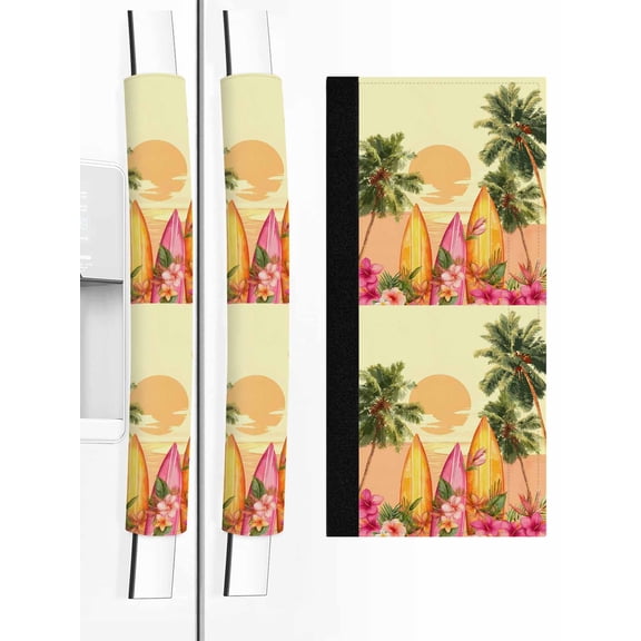 2 PCS Refrigerator Door Handle Covers, Summer Sunset Adjustable Kitchen Appliance Handle Cover Coconut Trees Pink Flower Surfboard Tropical Plant Yellow Non Slip Fridge Oven Stove Handle Protector