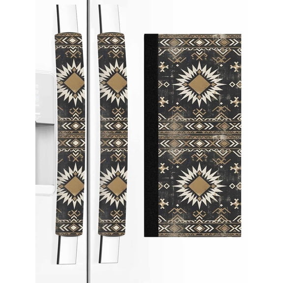 2 PCS Refrigerator Door Handle Covers, Sunburst Emblem Adjustable Kitchen Appliance Handle Cover Boho Black Tribal Rustic Brown Retro Geometric Non Slip Fridge Oven Stove Dishwasher Handle Protector