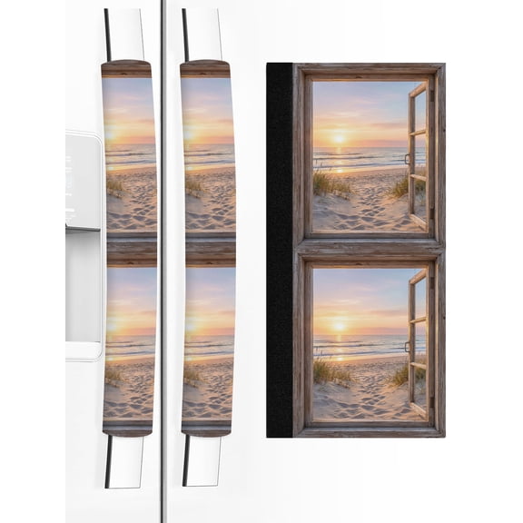 2 PCS Refrigerator Door Handle Covers, Sunset Beach Adjustable Kitchen Appliance Handle Cover Ocean Wooden Window Coastal Landscape Non Slip Fridge Oven Stove Dishwasher Handle Protector