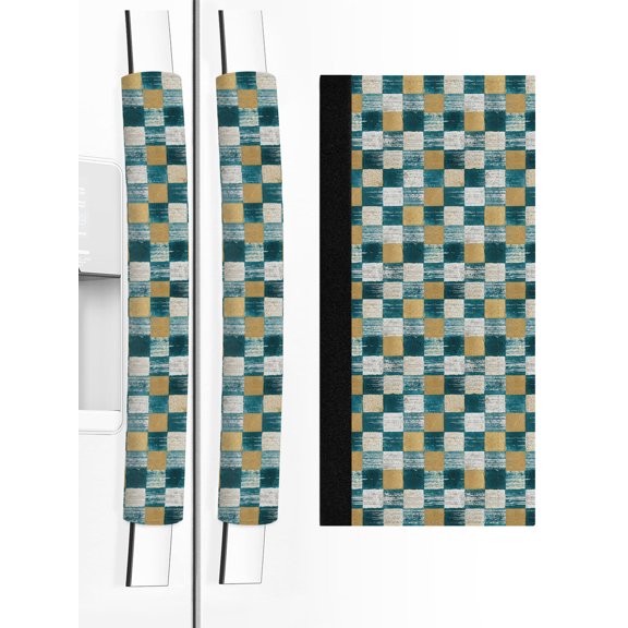 2 PCS Refrigerator Door Handle Covers, Teal Gold Mosaic Adjustable Kitchen Appliance Handle Cover Rustic Abstract Checkerboard Grids Non Slip Fridge Oven Stove Dishwasher Handle Protector
