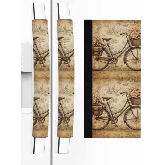 2 PCS Refrigerator Door Handle Covers, Vintage Bicycle Adjustable Kitchen Appliance Handle Cover Retro Flower Basket Pannier Bag Rural Scene Non Slip Fridge Oven Stove Dishwasher Handle Protector