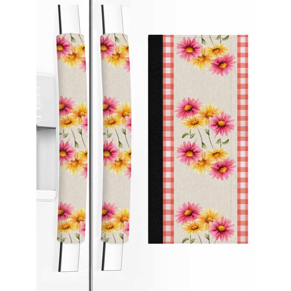 2 PCS Refrigerator Door Handle Covers, Yellow Pink Daisy Adjustable Kitchen Appliance Handle Cover Rustic Farmhouse Red Buffalo Plaid Non Slip Fridge Oven Stove Dishwasher Handle Protector