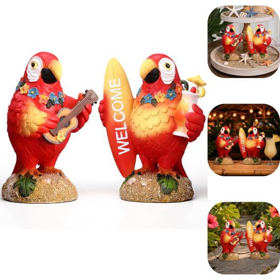 2 PCS Resin Parrot Welcome Home Decor Summer Resin Ornament with Tropical Tiered Tray Decor Surfing Surfboard Guitar Ukulele Hawaii Pool Table Decor Gift