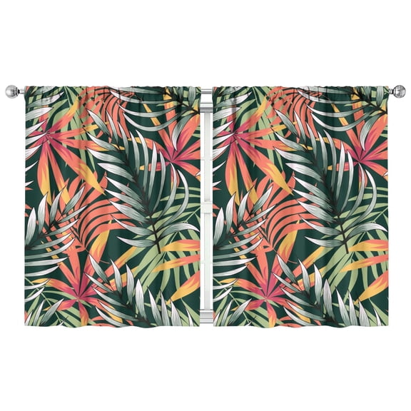 2 PCS Retro Aloha Jungle Leaves Kitchen Curtains, 42x54 Inch Colorful Exotic Leaf Print Semi-Sheer Rod Pocket Curtains for Farmhouse