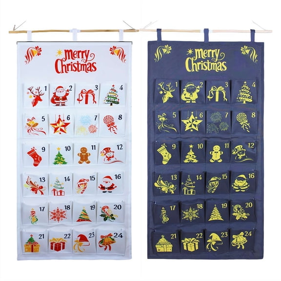 2 PCS Reusable Hanging Countdown Calendar with 24 Pockets, Merry Christmas Decor Fabric Fillable Storage Bag for Xmas New Year Party