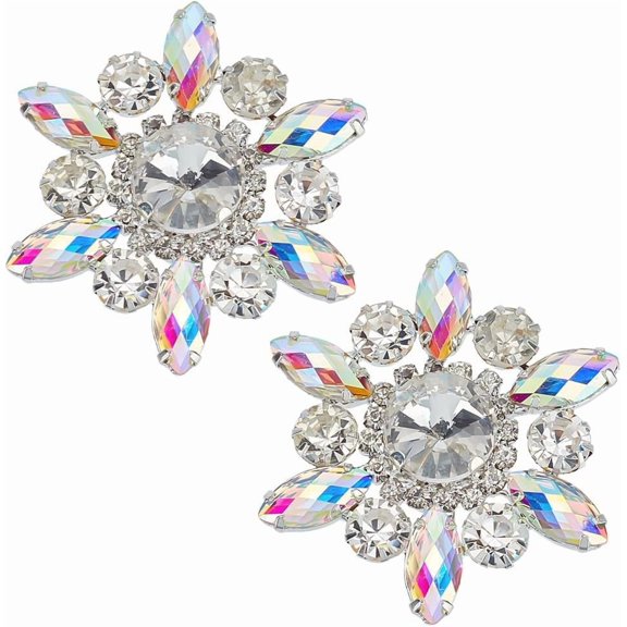 2 PCS Rhinestone Applique Crystal AB Snowflake Shape Rhinestone Appliques Platinum Color Back Wedding Bridal Patches Beaded Flower Patch Women Fashion for DIY Clothes Costume Decoration