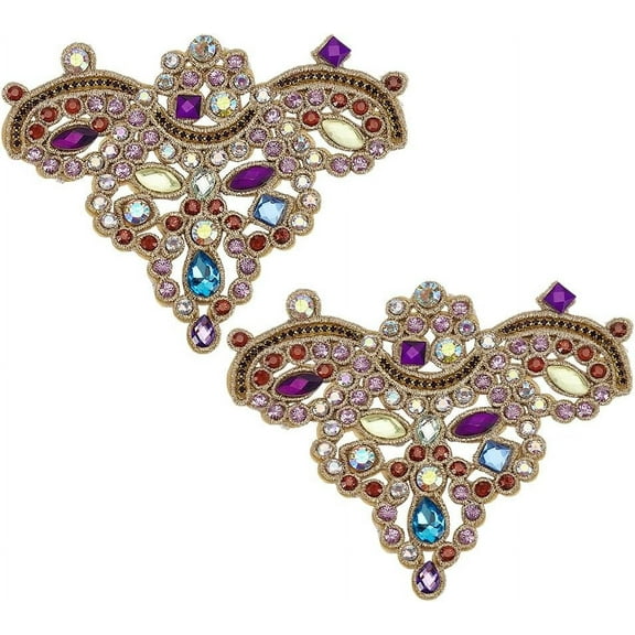 2 PCS Rhinestone Applique Patches 4.9x3.8inch Purple Sew on Patch Glitter Rhinestone Patches Shoe Decoration Rhinestone Beaded Applique for Wedding Dress Gold