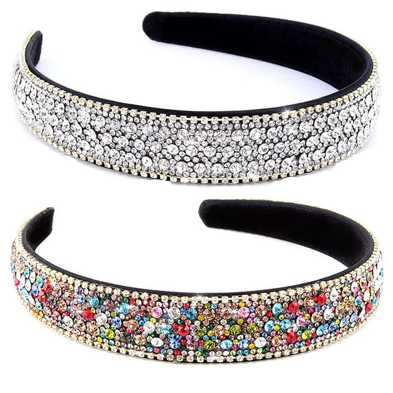 2 PCS Rhinestone Headbands for Women, Glitter Crystal Headband Fashion Jeweled Headbands for Girls, Gorgeous Hair Accessories for Women Silver Rainbow Color Sparkly Glitzy