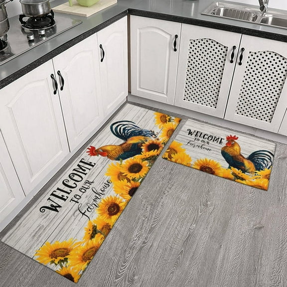 2 PCS Rooster Kitchen Rugs Floor Mat Farmhouse Kitchen Mat Non Slip Summer Kitchen Rugs and Mats Floor Standing Mat Kitchen Runner Rug