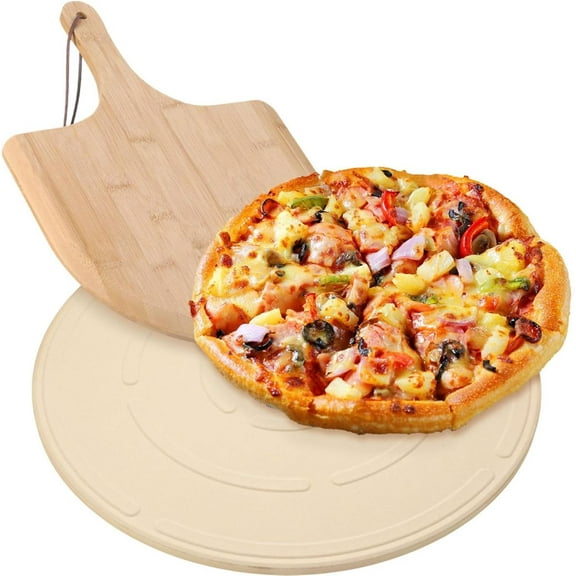2 PCS Round Pizza Stone with Wooden Peel, 16" Large Pizza Stone for Oven and Grill Round Baking Cordierite Cooking Pan for Bread, BBQ