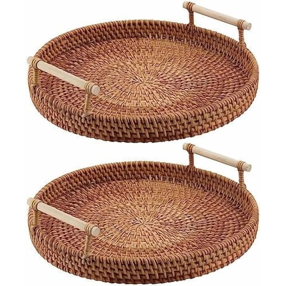 2 PCS Round Rattan Serving Trays, Woven Basket Tray with Handle, Rattan Fruit Basket Trays, Woven Bread Tray for Coffee, Cracker, Vegetables, Snacks, 11 x 2.76 Inch$$Home Decor, Kitchen, & Other