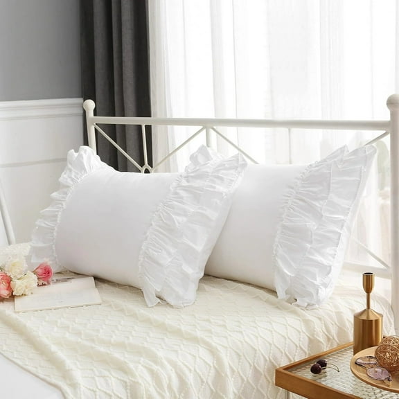 White Ruffle Pillowcases - 20x30 Inch Medium Size Polyester Pillowcases | Farmhouse Ruffle Edge Pillow Shams with Split Flap Closure, Classic White Bedding